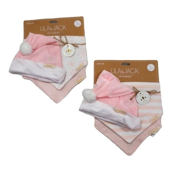 Lila & Jack Set Of 2-   3 pack Pink Holiday Bib &Hat Set - Picture 1 of 5